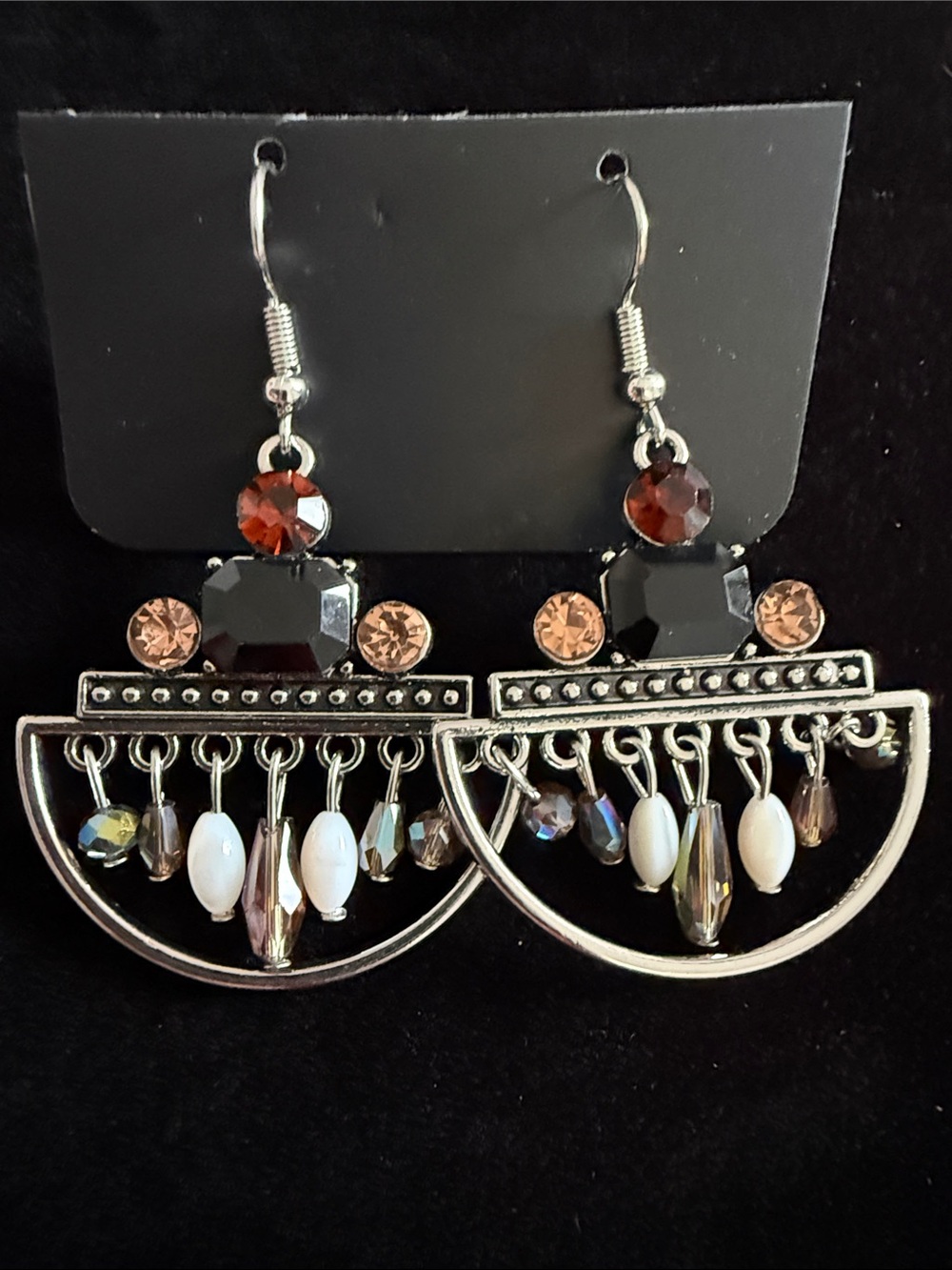 New Women’s Silver-Tone Dangle Earrings with Brown and White Gem Accents 2”